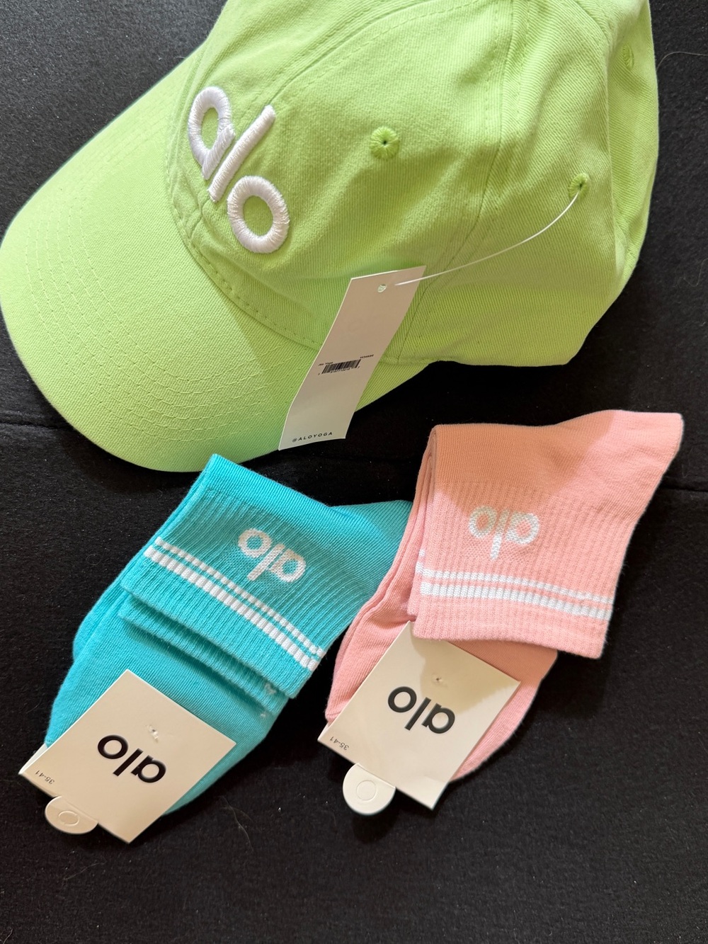 ALO Yoga Lime Green Baseball Cap with Aqua and Pink Kids Socks
